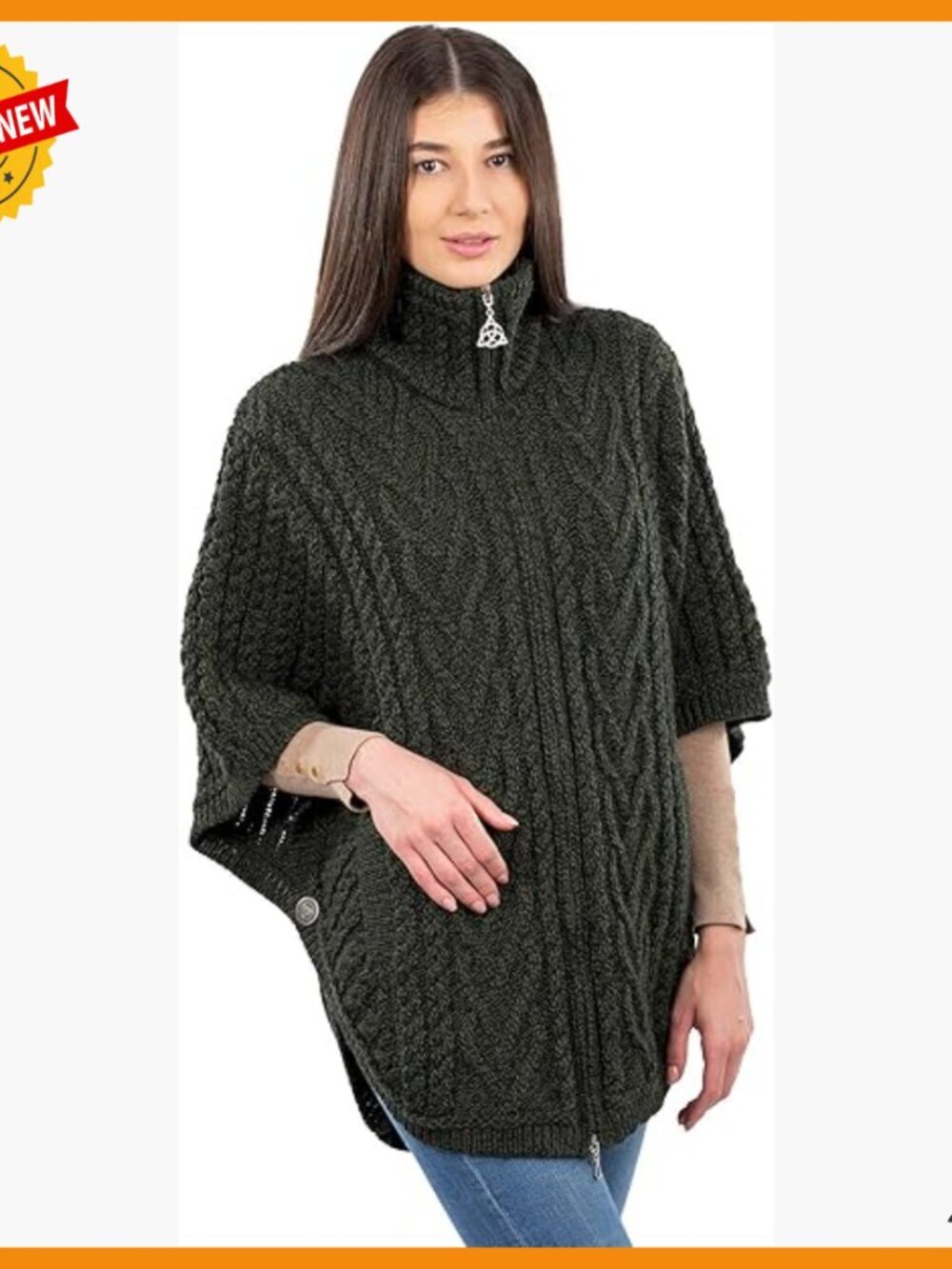 100% Merino Wool Cardigan Poncho with Front Pockets, Aran Stitching